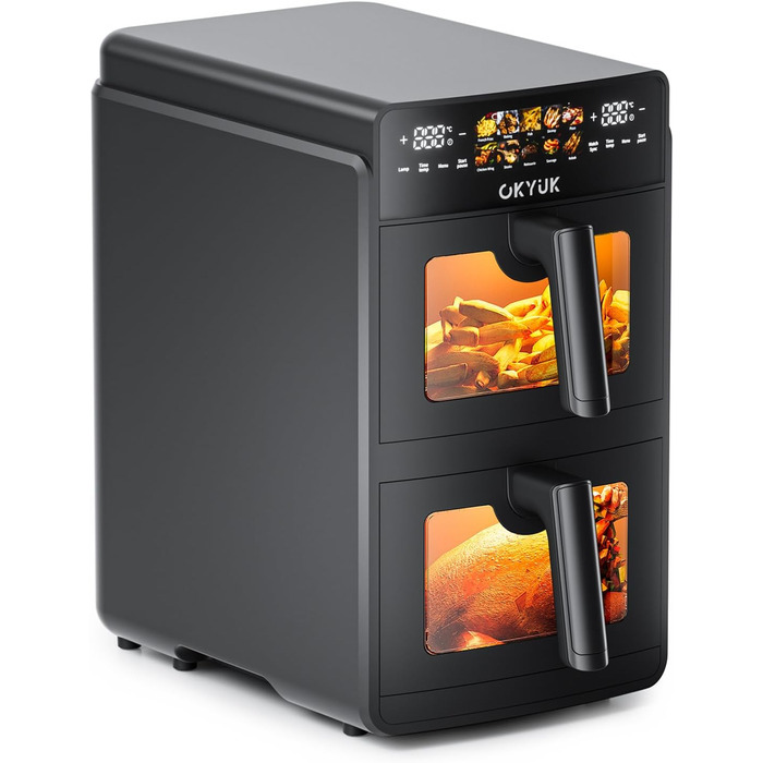 Фритюрниця без олії з 2 камерами на 10 літрів, Airfryer з 2 відсіками по 5л, тиха робота, 10 програм, приготування 2 страв одночасно, з оглядовим вікном, 3D циркуляція повітря