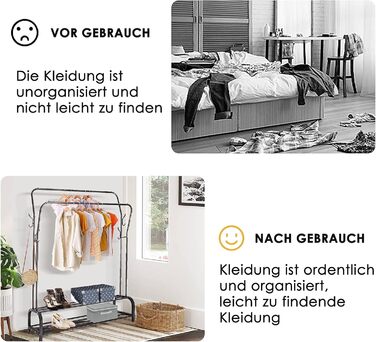 Стійка для одягу на підлозі з металу з полицею для взуття та нижньою полицею, чорна, подвійна