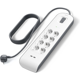 Мережевий фільтр Belkin з 8 розетками, захистом від перенапруги та USB-портами (2.4A), 2 м кабелю, для дому та офісу