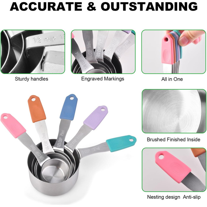 Magnetic measuring cup and spoon set, stainless steel, 5 cups and 7 spoons, with leveler (multicolored)