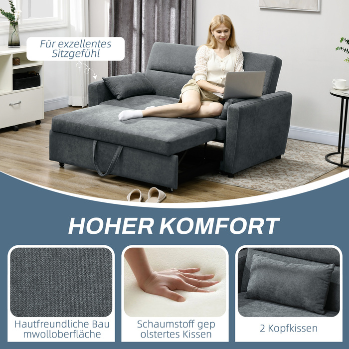 HOMCOM Sleeper Sofa, 2-Seater, Convertible, Up to 200 kg, Wooden Frame, 155x90x88.5cm, Dark Grey
