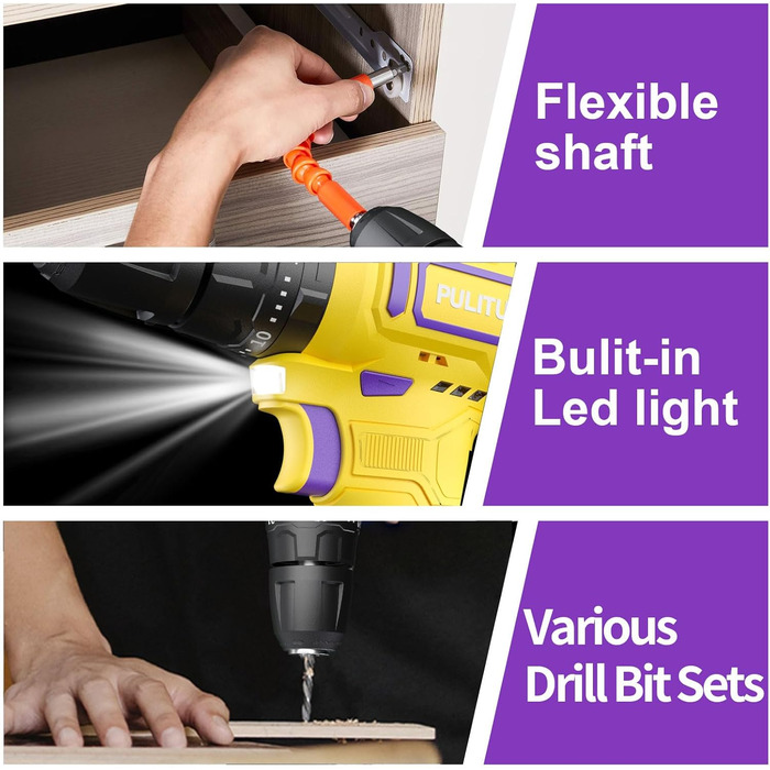 Акумуляторний ударний дриль-шуруповерт PULITUO 12V, комплект, металевий патрон 3/8', 21+1+1 ступінь крутного моменту, LED-ліхтар, 35 Нм, акумулятор 1300 mAh