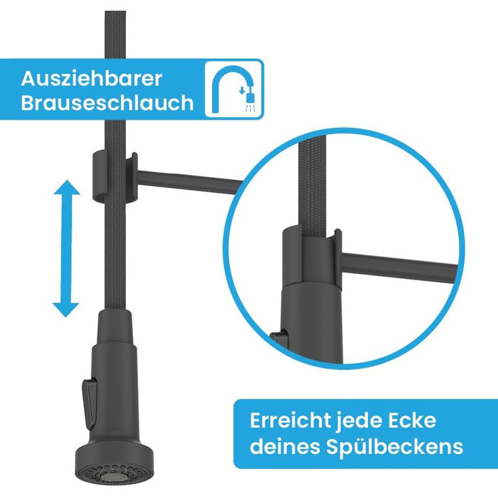 Кухонний змішувач Bächlein Nedo – поворотний на 360°, матовий чорний, з нержавіючої сталі, з гнуким виливом та висувною лійкою, для кухні