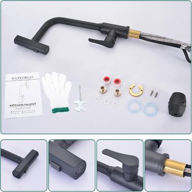 Кухонний змішувач водопровідний висувний з душем, 3 режими, 360° поворот, чорний, нержавіюча сталь