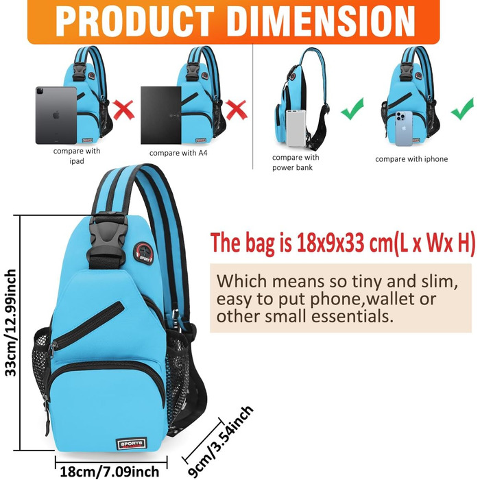 Сумка-слінг через плече для жінок та чоловіків з оксфордської тканини. Шкіряна сумка-кросбоді, спортивна сумка, повсякденний рюкзак для активного відпочинку, подорожей та шопінгу (Блакитна)