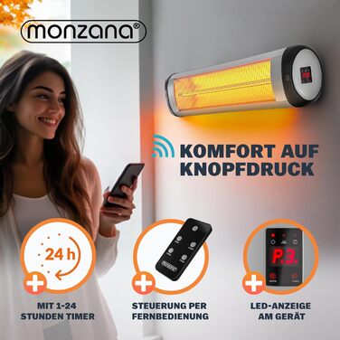 Інфрачервовий обігрівач MONZANA® MZH2501 з таймером, 2500W, 3 режими, 24 год, пульт ДУ, кут нахилу 90°, електричний, для тераси (сріблястий, з телескопічним штативом)
