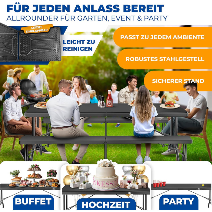Складний стіл KESSER Buffettisch 183x76 см для кемпінгу, саду, тераси, балкону. Анодований алюміній, 6 осіб, з чохлом та ручкою для транспортування, антрацит