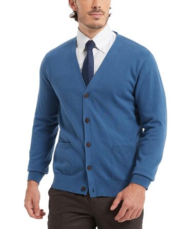 Чоловічий кардиган Kallspin з бавовни, V-подібний виріз, довгий рукав, з ґудзиками та кишенями, Casual (Синій, XXL)