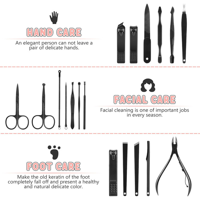 Набір для манікюру 19 предметів: професійний ніж для обрізання нігтів з нержавіючої сталі, чорний шкіряний футляр, портативний набір для догляду за нігтями для подорожей або дому, подарунок