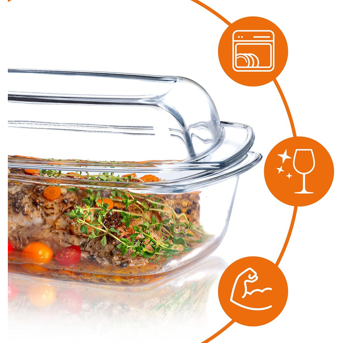 Форма для запікання KADAX з кришкою та ручками, 5.1 л, прямокутна скляна форма для запікання, для м'яса, лазаньї, 5.1 л