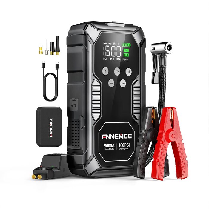 Пусковий пристрій FNNEMGE Powerbank 26800mAh 9000A з компресором 160PSI для авто 12В (бензин та дизель до 12.0л), бустер з USB-портом, LED-ліхтарем та LCD-дисплеєм