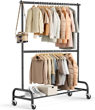 Міссло важкий одяговий вішак на колесах з подвійною перекладиною, металевий, мобільний, для зберігання одягу, чорний, регульований