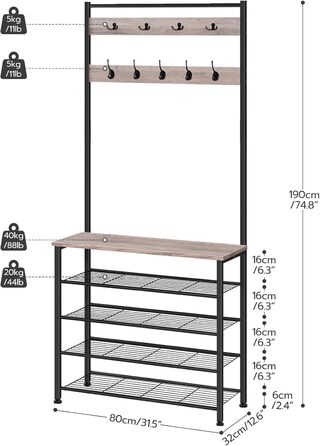 HOOBRO Coat Rack, Shoe Shelf with Coat Rack, Clothes Rack with Shoe Storage, Shoe Cabinet with 5 Shelves, for Entryway, Dark Brown EBF80MT01G2 (Greige + Black)