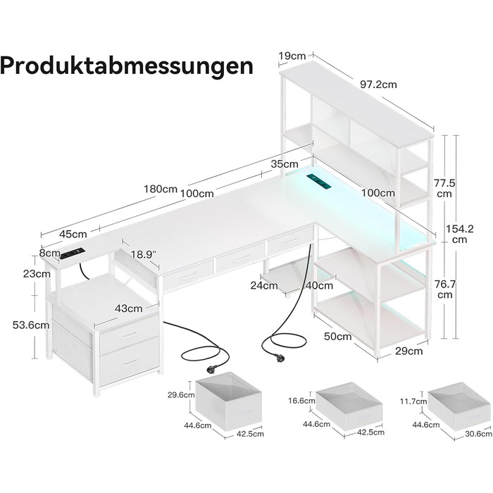 Комп'ютерний стіл Coleshome з 5 шухлядами та 4 полицями 180x100 см, L-подібний стіл з LED-підсвіткою, розетками та USB, великий стіл для home office, білий