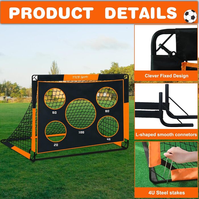TTCB Sports 2-in-1 Kids Soccer Goal - 5 Target Areas, Pop-Up Soccer Goal Net with Carry Bag, Ideal for Soccer Training & Gifts for Boys - Orange, 150x120x120cm