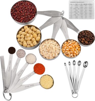 Measuring cup and spoon set, robust, stainless steel measuring cups and spoons, 20 pieces: 5 measuring cups, 6 measuring spoons, 5 mini measuring cups, conversion chart for measuring cups and spoons.
