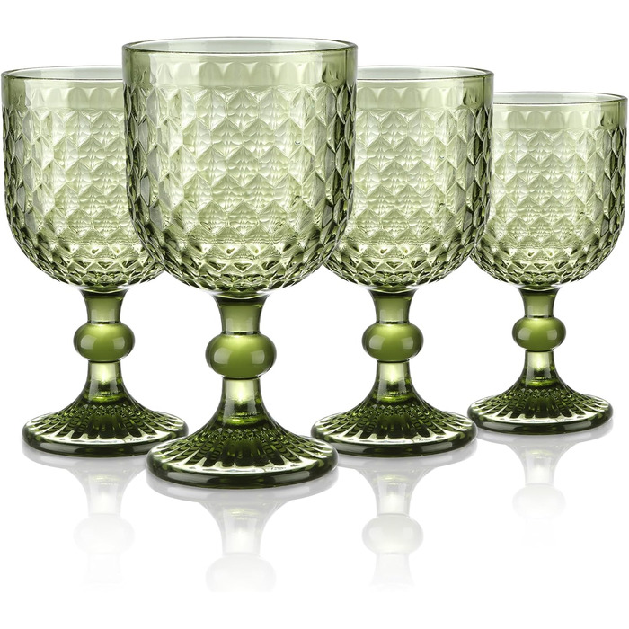 Joeyan 350ml Green Vintage Wine Glasses with Diamond Embossed Design, Colorful Goblet Glasses Wine Cup Set for Wine Juice Drinks, Set of 4 Retro Glasses with Stem, Dishwasher Safe