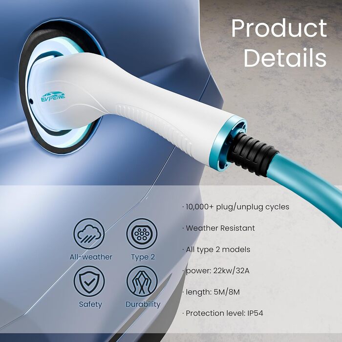 Кабель для зарядки електромобілів 22kW 32A Typ 2 (8м) | IP55 | для електромобілів та гібридів