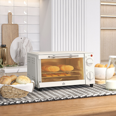HOMCOM 9L Mini Oven with Baking Tray, Grill Rack, 100°C-230°C, with Adjustable Temperature and Cooking Time, 60 Min. Timer, 750W, Stainless Steel, Cream White | Aosom