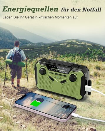 Радіо PRUNUS J-369: FM/AM, з ручним заводом, сонячна панель, Power Bank 3000mAh, SOS-сигнал, ліхтарик для кемпінгу та надзвичайних ситуацій (зелене)