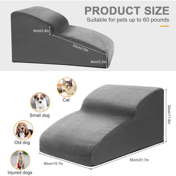 Lannvan Dog Stairs for Small Dogs, 2 Steps Pet Stairs Cat Stairs, Sponge Dog Ramp for Sofa Bed, Dog Steps with Removable Cover, Washable Pet Ladder, Lint Roller Included, Grey