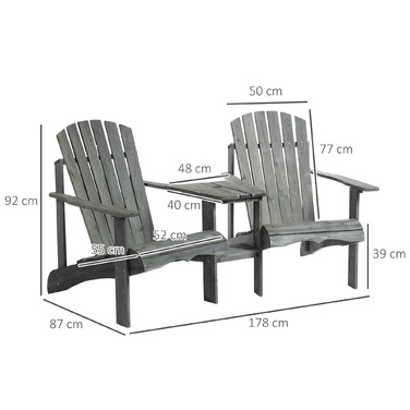 Крісло Adirondack Outsunny на 2 місця з журнальним столиком та отвором для парасольки, садовий комплект крісел, садові меблі для балкону з масивного дерева сірого кольору, розмір 178 x 87 x 92 см