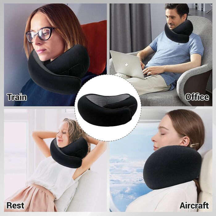 Подушка для подорожей на літак 2024 з підтримкою підборіддя, Memory Foam, чорна