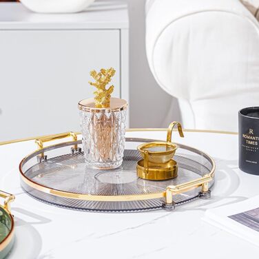 Round Serving Tray with Acrylic Handles, Golden Decorative Tray, Serving Tray for Coffee Table, Centerpiece, Kitchen, Large Metal Tray, Round Tray, Decorative Tray, Decorative Plate, Smoke Gray