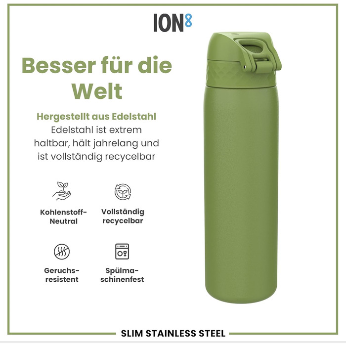Ion8 Stainless Steel Drinking Bottle, 600 ml, Leak-Proof, One-Hand Operation, Secure Locking Mechanism, Dishwasher Safe, Flip-Top Lid, Carrying Handle, Easy to Clean, Durable & Scratch-Resistant (Stainless Steel, Khaki Green)