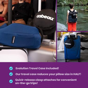 Дорожня подушка Cabeau Evolution S3 з ременями для кріплення до сидіння літака, підтримка шиї, ортопедична з м'якої пам'ятної піни, швидковисихаюча тканина, індиго