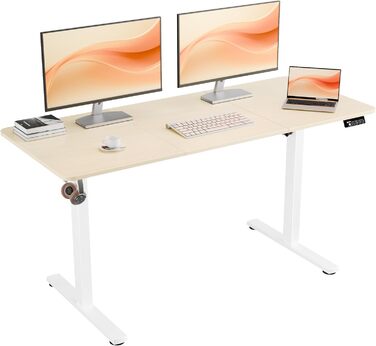 Ergonomaker Electric Height Adjustable Desk - Small Standing Desk with 2-Section Tabletop - Home Office Desk (White Frame + Oak Tabletop) - 140 x 60 cm