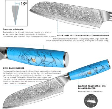 Ніж Kiritsuke Kochmesser Damast від Home Safety: професійний кухонний ніж з лезом 18.8 см з 67 шарів VG-10 Damaststahl, ергономічна ручка з натуральної смоли, подарункова коробка (3 шт)