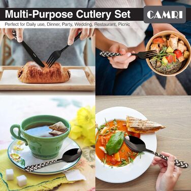 CAMRI Набір столових приборів – 16 предметів з нержавіючої сталі. Набір столових приборів, ножі, виделки, ложки. Комплект на 4 особи, придатний для миття в посудомийній машині. Кріз-чорний візерунок.