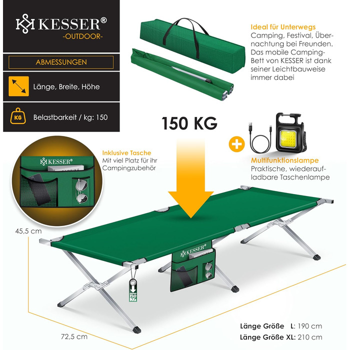 Кемпінг-ліжко KESSER® Klappbett з сумкою, ліхтарем та кишенею, 190 см, сталевий каркас, 600D Oxford, зручне для подорожей