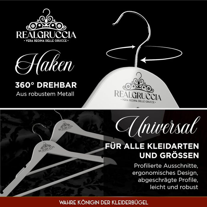 Дерев'яні вішаки RealGruccia 40 шт, антиковзні, білі, з перекладиною для штанів та піджаків, полірована поверхня, обертовий гачок, 22x45 см