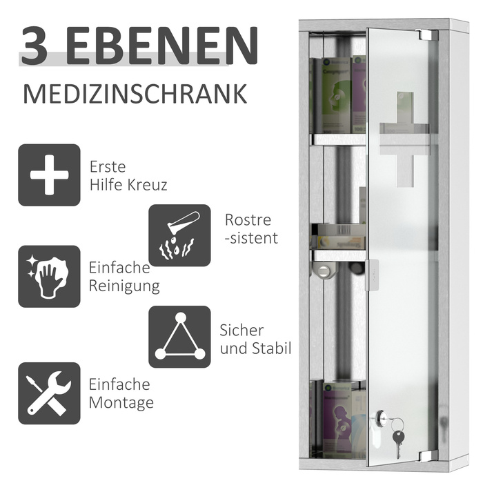 Kleankin Medicine Cabinet First-Aid Cabinet 20x12x58cm Stainless Steel with Frosted Glass in Silver, ideal for Home & Office