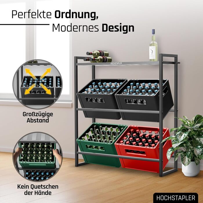 HOPPY STACKER Beverage Crate Shelf 6 Crates with Wine Rack in Anthracite - Solid Beverage Shelf - Crate Shelf with Wall Bracket - Crate Shelf 6 Crates