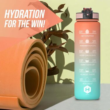 1L Water Bottle - BPA Free Water Bottle with Straw and Time Markers - Water Bottle for Bicycle, Outdoor, School, Running and Gym - Carbonated Drink Suitable (Orange & Light Green with Orange Cap)