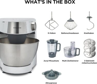 Кухонний комбайн Kenwood Prospero+ KHC29.H0WH, 1000 Вт, чаша з нержавіючої сталі 4,3 л, білий, набір аксесуарів з 9 предметів (подрібнювач, блендер, соковитискача)