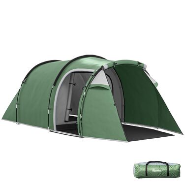 Намет Outsunny Tunnel для 2-3 осіб, сімейний водонепроникний кемпінговий намет з тамбуром, гачками для ліхтарів, водовідштовхуваність 2000 мм, темно-зелений