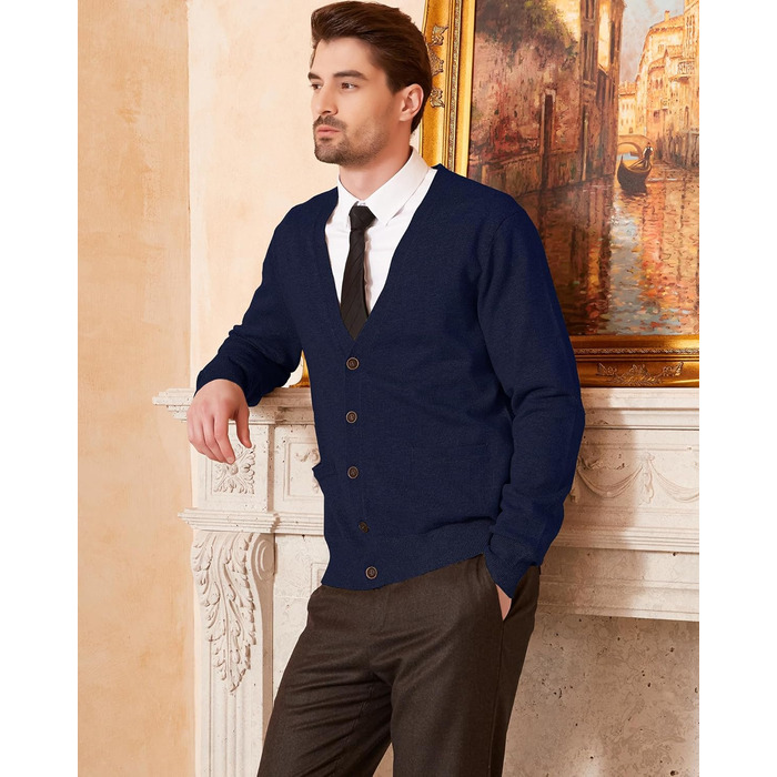 Чоловічий кардиган Kaspin з вовняної суміші, V-подібний виріз, ґудзики та кишені (темно-синій, S)