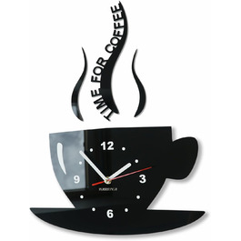 FLEXISTYLE Coffee Time Mug Clock, Modern Kitchen Wall Clock, Black, 3D Roman, Wall Clock Decor, 32 x 19 cm