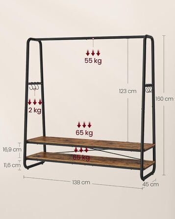 Стійка для одягу VASAGLE RGR119W09, гардеробна стійка з 2 полицями та 6 гачками, сталевий каркас, 45 x 138 x 160 см, для спальні, коридору, прихожої, бежево-білий колір