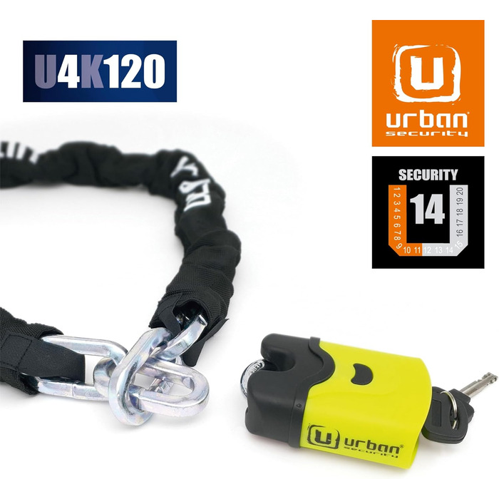 Ланцюговий замок URBAN SECURITY U4K120, загартована сталь 10 мм, рівень безпеки 11, для мотоцикла та велосипеда, 120 см