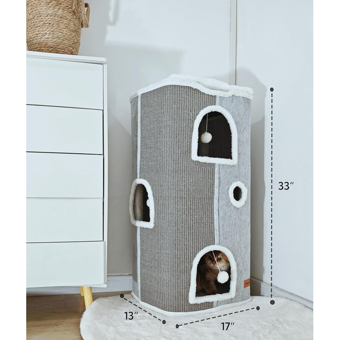 Кігтеточка-будиночок для котів велика, сіра, 42x42x33 см з подушкою та іграшкою