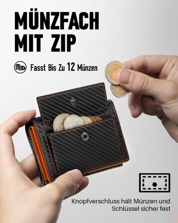 Гаманець чоловічий з RFID-захистом Karbon Orange: смарт-гаманець з вікном для документів, відділенням для монет, 6 картки