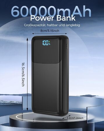 Потужний зовнішній акумулятор Power Bank на 60000 mAh, велика ємність, чорний