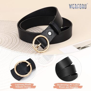Жіночі шкіряні ремені WERFORU (2 шт.) для джинсів та штанів, з золотою пряжкою O-Ring, чорний+коричневий, розмір талії 65-75 см