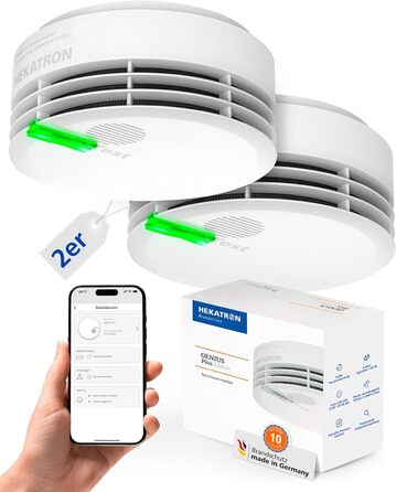 Hekatron Genius Plus – Smoke Detector 10 Years Battery – Stiftung Warentest Test Winner – made in Germany – incl. 2x adhesive pad – App-supported – Fire alarm – multilingual – 2 pieces