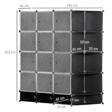 HOMCOM DIY Closet Organizer System with 16 Cubes and 2 Rods DIY Cube Shelf, Storage Shelf for Clothes, Shoes, Black 145 x 46 x 162 cm | Aosom